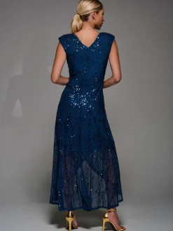 Jolie Moi Blue Sequin Asymmetric Ruffle Hem Maxi Dress