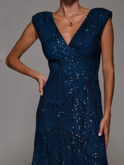 Jolie Moi Blue Sequin Asymmetric Ruffle Hem Maxi Dress