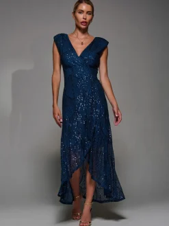 Jolie Moi Blue Sequin Asymmetric Ruffle Hem Maxi Dress