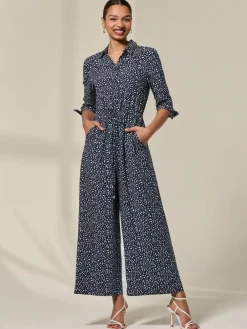 Jolie Moi Blue Tie Half Sleeve Wide Leg Jumpsuit Discount