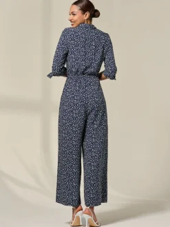 Jolie Moi Blue Tie Half Sleeve Wide Leg Jumpsuit Discount