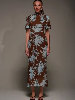 Jolie Moi Brown High Neck Angel Sleeve Chiffon Maxi Dress Sale