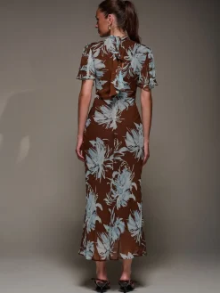 Jolie Moi Brown High Neck Angel Sleeve Chiffon Maxi Dress Sale