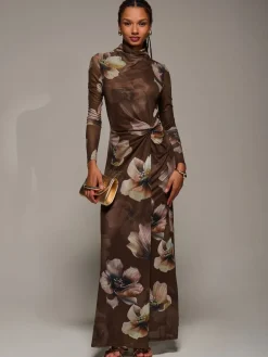 Jolie Moi High Neck Long Sleeve Mesh Maxi Dress Brown New