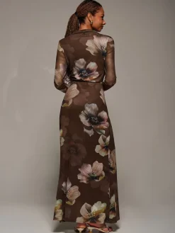 Jolie Moi High Neck Long Sleeve Mesh Maxi Dress Brown New