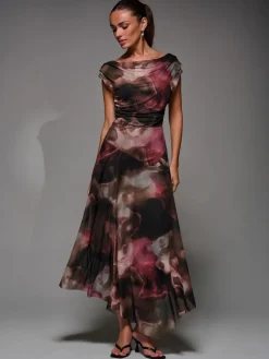 Jolie Moi Mesh Asymmetrical Draped Maxi Dress Brown Discount