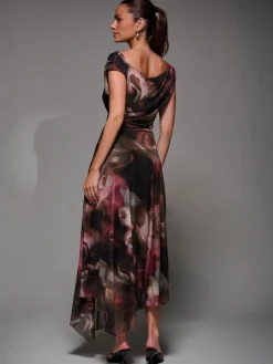 Jolie Moi Mesh Asymmetrical Draped Maxi Dress Brown Discount