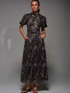 Jolie Moi Puffy Sleeve Printed Mesh Maxi Dress Brown