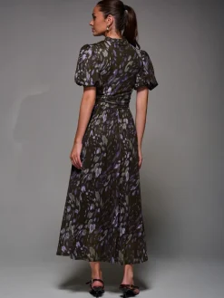 Jolie Moi Puffy Sleeve Printed Mesh Maxi Dress Brown