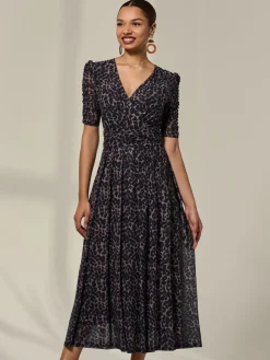 Jolie Moi Brown Ruched Sleeve Mesh Dress Clearance