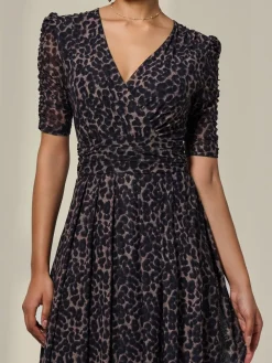 Jolie Moi Brown Ruched Sleeve Mesh Dress Clearance