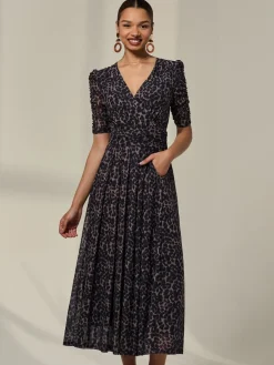 Jolie Moi Brown Ruched Sleeve Mesh Dress Clearance