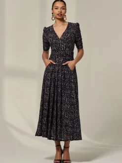 Jolie Moi Brown Ruched Sleeve Mesh Dress Clearance