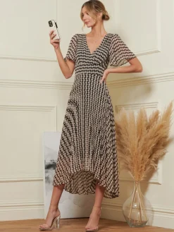 Jolie Moi Brown Spot Angel Sleeve Pleated Chiffon Maxi Dress Best