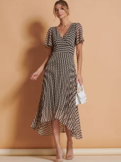 Jolie Moi Brown Spot Angel Sleeve Pleated Chiffon Maxi Dress Best