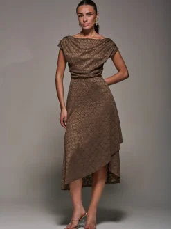 Jolie Moi Textured Asymmetrical Draped Midaxi Dress Brown New