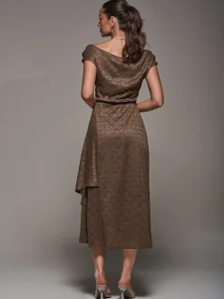 Jolie Moi Textured Asymmetrical Draped Midaxi Dress Brown New