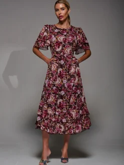 Jolie Moi Frill Detail Chiffon Midaxi Dress Burgundy Outlet