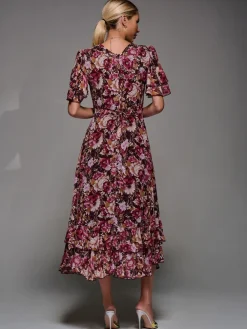 Jolie Moi Frill Detail Chiffon Midaxi Dress Burgundy Outlet