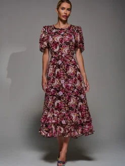 Jolie Moi Frill Detail Chiffon Midaxi Dress Burgundy Outlet