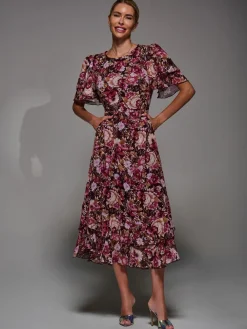 Jolie Moi Frill Detail Chiffon Midaxi Dress Burgundy Outlet