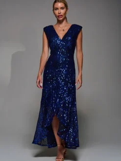 Jolie Moi Charcoal Black Sequin Asymmetric Ruffle Hem Maxi Dress Outlet