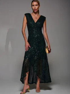 Jolie Moi Dark Green Sequin Asymmetric Ruffle Hem Maxi Dress New