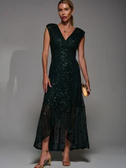 Jolie Moi Dark Green Sequin Asymmetric Ruffle Hem Maxi Dress New