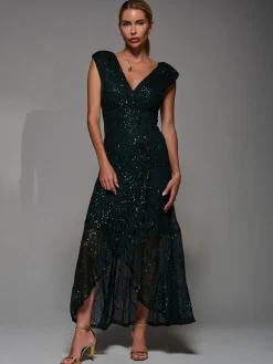 Jolie Moi Dark Green Sequin Asymmetric Ruffle Hem Maxi Dress New