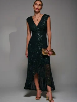 Jolie Moi Dark Green Sequin Asymmetric Ruffle Hem Maxi Dress New