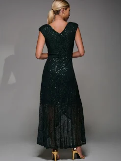 Jolie Moi Dark Green Sequin Asymmetric Ruffle Hem Maxi Dress New