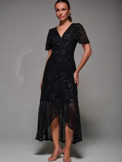 Jolie Moi Denim Black Sequin Angel Sleeve Ruffle Hem Maxi Dress