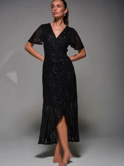 Jolie Moi Denim Black Sequin Angel Sleeve Ruffle Hem Maxi Dress