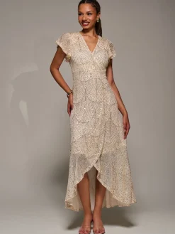 Jolie Moi Gold Frill Short Sleeve Sequin Maxi Dress Clearance