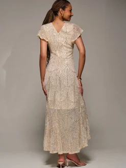 Jolie Moi Gold Frill Short Sleeve Sequin Maxi Dress Clearance