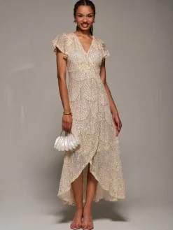 Jolie Moi Gold Frill Short Sleeve Sequin Maxi Dress Clearance