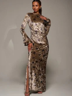 Jolie Moi Gold Ruffle Sleeve Asymmetric Neck Velvet Maxi Dress Sale