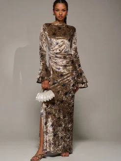 Jolie Moi Gold Ruffle Sleeve Asymmetric Neck Velvet Maxi Dress Sale