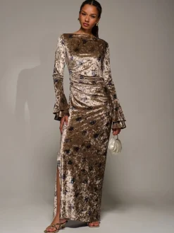 Jolie Moi Gold Ruffle Sleeve Asymmetric Neck Velvet Maxi Dress Sale