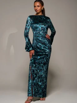 Jolie Moi Green Ruffle Sleeve Asymmetric Neck Velvet Maxi Dress Sale