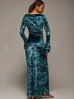 Jolie Moi Green Ruffle Sleeve Asymmetric Neck Velvet Maxi Dress Sale