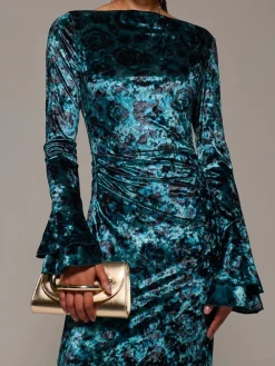 Jolie Moi Green Ruffle Sleeve Asymmetric Neck Velvet Maxi Dress Sale