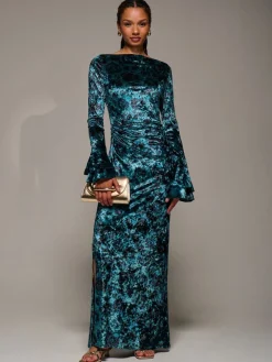 Jolie Moi Green Ruffle Sleeve Asymmetric Neck Velvet Maxi Dress Sale