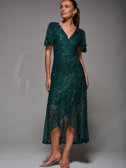 Jolie Moi Green Sequin Angel Sleeve Ruffle Hem Maxi Dress Online