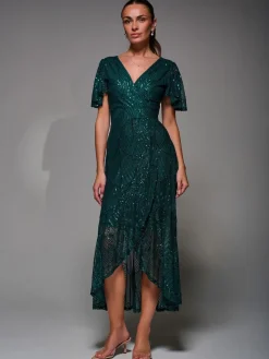 Jolie Moi Green Sequin Angel Sleeve Ruffle Hem Maxi Dress Online