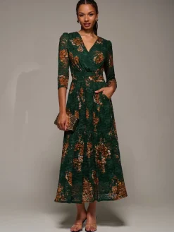 Jolie Moi Three Quarter Sleeve Printed Lace Maxi Dress Green New