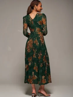 Jolie Moi Three Quarter Sleeve Printed Lace Maxi Dress Green New