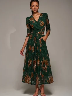 Jolie Moi Three Quarter Sleeve Printed Lace Maxi Dress Green New
