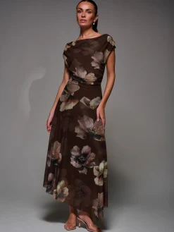 Jolie Moi Mesh Asymmetrical Draped Maxi Dress Light Brown Discount