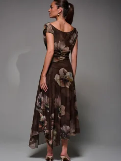 Jolie Moi Mesh Asymmetrical Draped Maxi Dress Light Brown Discount